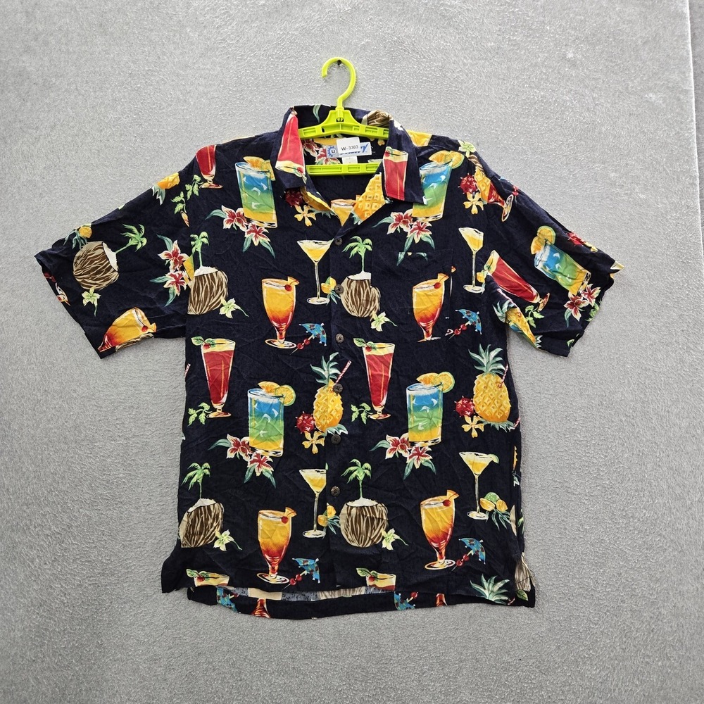 Utility Men Button Up Shirt M Navy Floral Rayon Cocktails Hawaiian Shirt